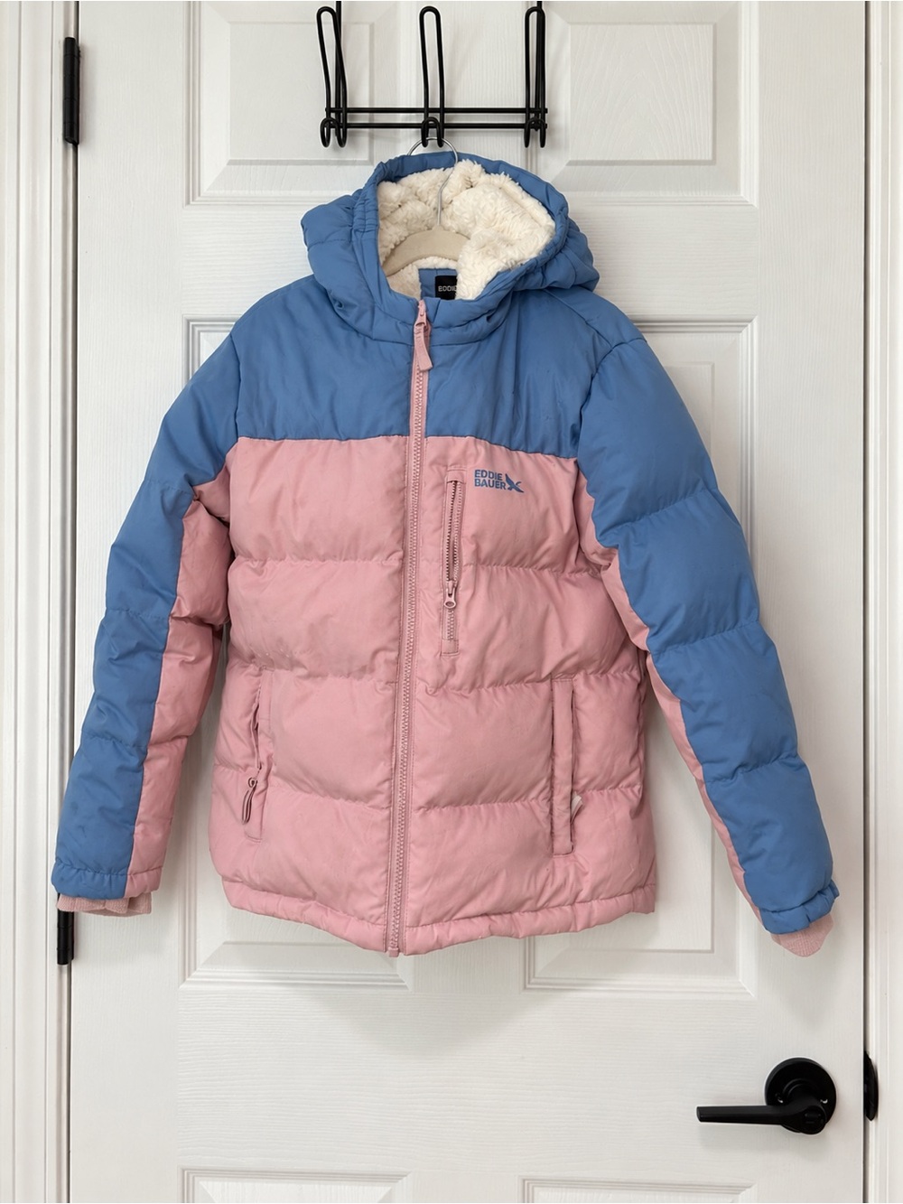 Eddie Bauer Kids Puffer Jacket M 10/12 Pink Blue Sherpa Lined Hooded Winter Coat